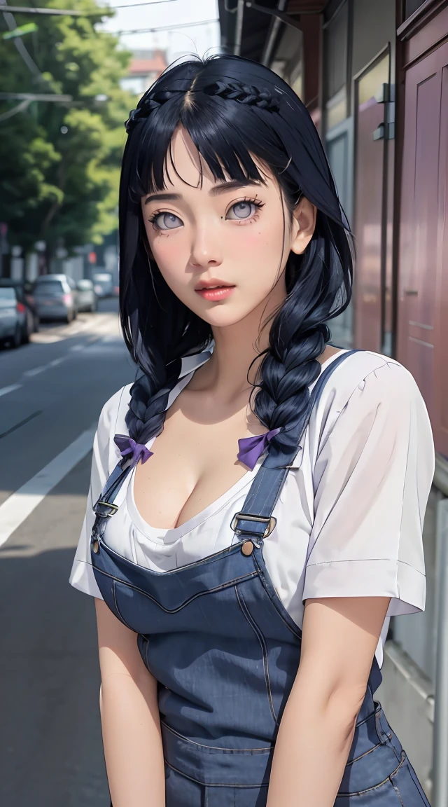 tmasterpiece, best qualityer, ultra - detailed, illustration,1girll,
long whitr hair,dark-blue hair,french braid,Purple eye,bluntbangs,cleavage,Large breasts
shirt,(jeans overalls:1.1),
mideum breasts,
looking at viewert,hyouka/(Boruto/),Detailed lips