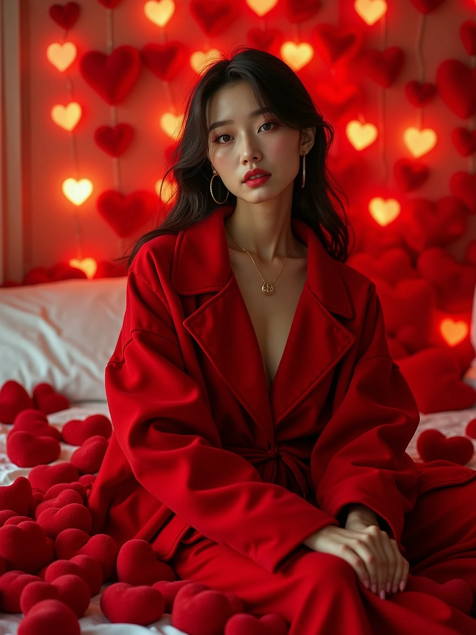 a woman sitting on a bed surrounded by hearts, beauty campaign, inspired by Tang Sin Yun Sandara, modeling photograph kerli koiv, lalisa manoban of blackpink, photo still of interior, promotional shot, by Zou Yigui, red coat, cp2077, ads, many hearts, ad image