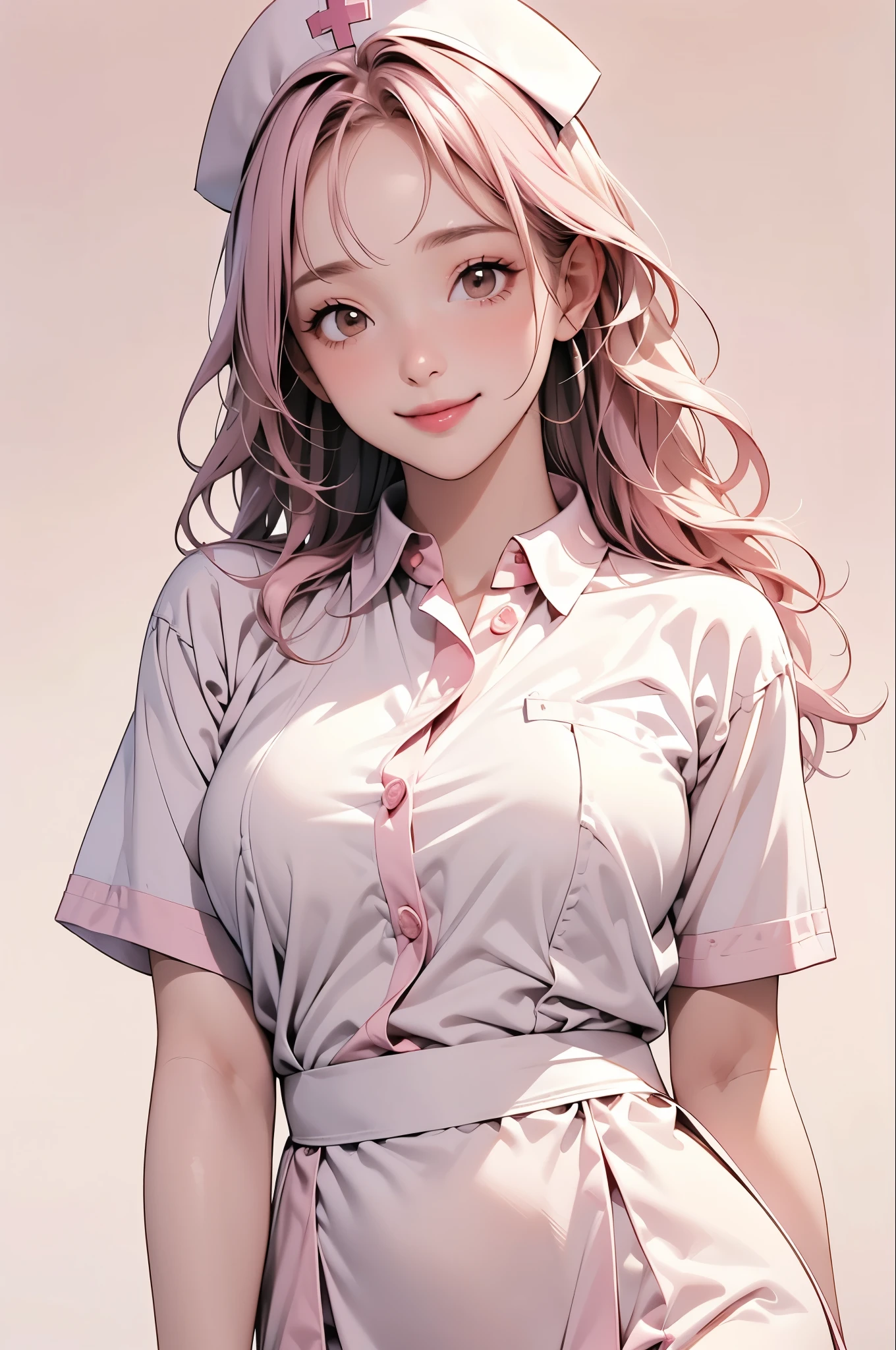 high resolution,smile,happy,light smile,woman,woman1人,adult,Clear,cute,
blunt bangs,Pink Hair,BREAK, Brown eyes,BREAK,wavy hair,long hair,BREAK, ((looking at viewer)),
Nurse uniform,Nurse cap,BREAK,Facing forward,BREAK,Pink background,
BREAK,