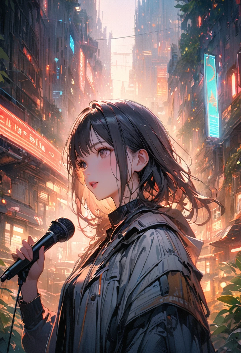 masterpiece,最high quality,Very detailed,High resolution backgrounds,8k,there is nothing,high quality,break,japanese manga style, sketch, Watercolor Colors,A bright and hopeful futuristic cityscape glowing with neon and brass tones. In the foreground, lit by a mix of neon lights and warm sunlight, is a powerful, realistic-looking woman holding a vintage microphone. Surrounding her is a symbol of unity and strength, like rising steam. In the background, greenery thrives among the futuristic structures, conveying hope and optimism for the future.