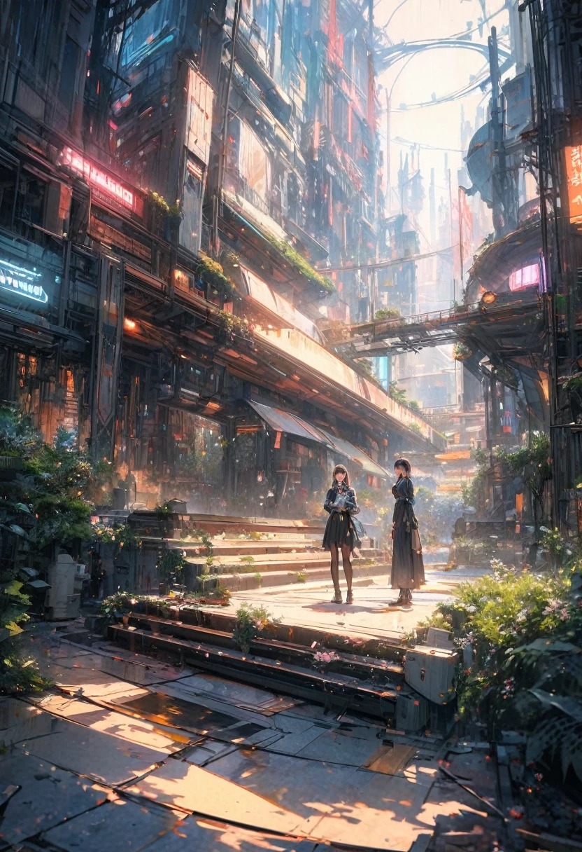 masterpiece,最high quality,Very detailed,High resolution backgrounds,8k,there is nothing,high quality,break,japanese manga style, sketch, Watercolor Colors,A bright and hopeful futuristic cityscape glowing with neon and brass tones. In the foreground, lit by a mix of neon lights and warm sunlight, is a powerful, realistic-looking woman holding a vintage microphone. Surrounding her is a symbol of unity and strength, like rising steam. In the background, greenery thrives among the futuristic structures, conveying hope and optimism for the future.