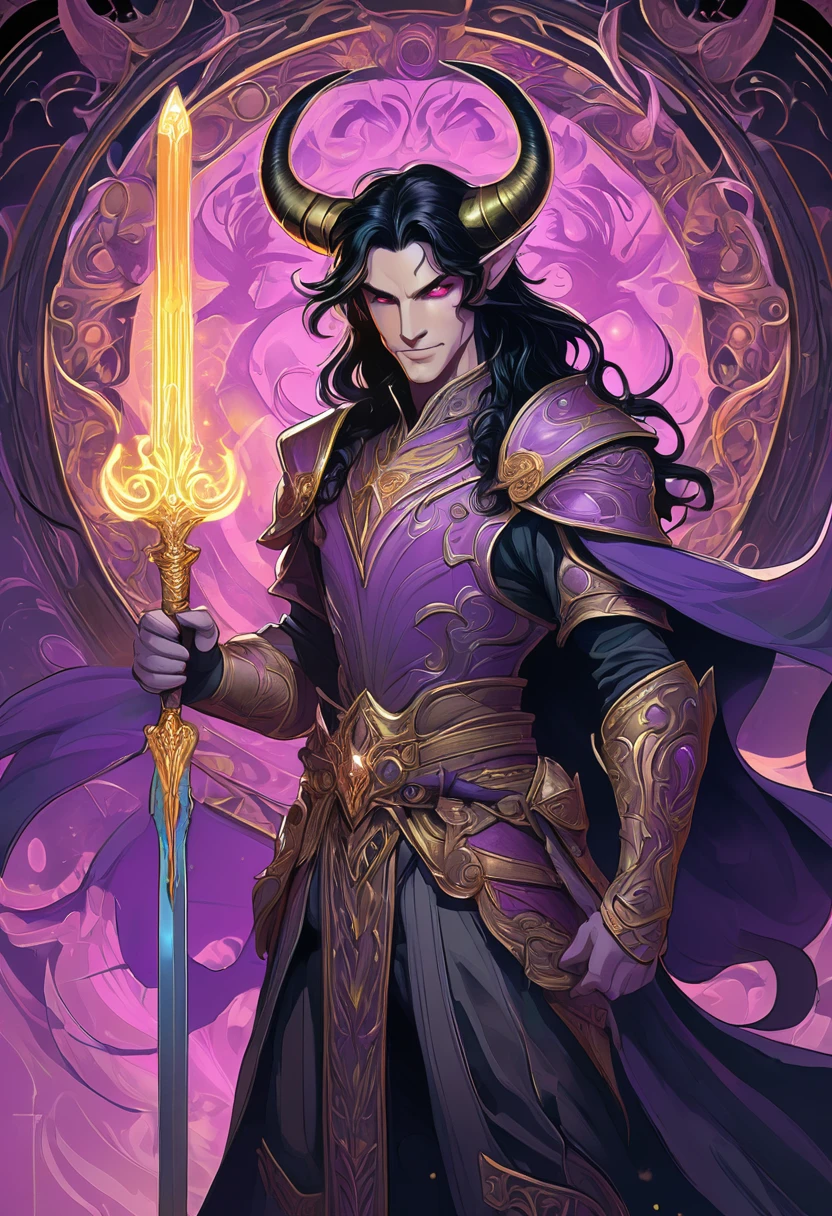 mystical border, tall handsome tiefling with long black hair, he has very small devil horns, his skin is light red and he has golden eyes, he is a dark mysterious warrior holding a glowing purple sword, background of darkness and eldritch fires, he is smiling while holding magical energy in his other hand, good anatomy, dynamic pose, good proportions, modern style, vector, highly detailed, intricate, masterpiece, realistic, professional, Dark Fantasy, d&d, (centered), (well framed), vector-art, gradient color, detailed, realistic, professional art masterpiece, (Art Nouveau), Illustration by Alphonse Mucha, (vector-art:1.1) Negative prompt
