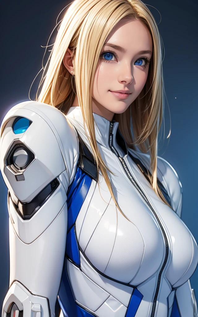 girl, smile, white plugsuit, blonde, blue eyes, Hyper Realistic