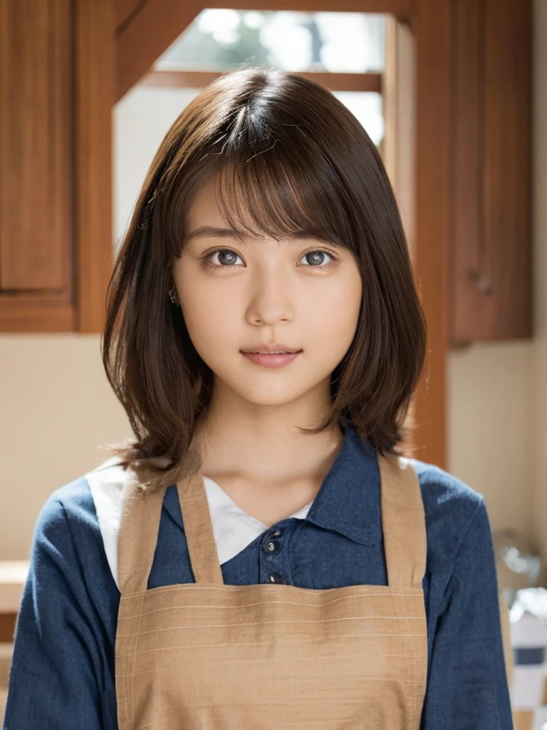 One Girl, (beautiful girl, Delicate girl:1.3), (************:1.3),
break, (Apron Costume:1.3),
break, (Standing in the kitchen:1.2),
break, Very beautiful eyes, (Symmetrical eyes:1.3),
break, Small breasts, Brown eyes, Parted bangs, Brown Hair, (Upper teeth, The best smile:0.2),
break, (Eye and facial details:1.0),
break, (masterpiece, Highest quality, Very detailed, Detailed face, 8k)