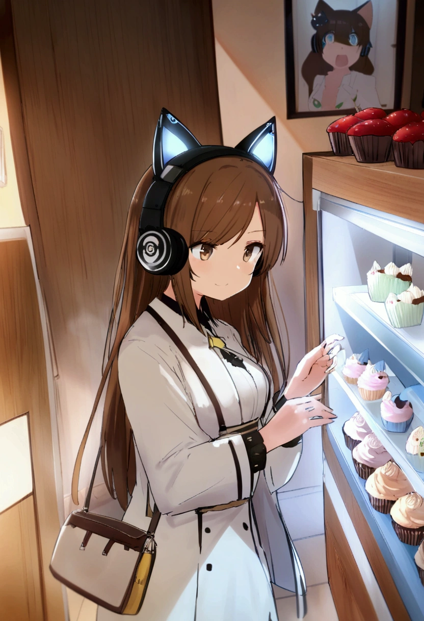 (hair swept bangs:1.3), (long brown hair:1.3), there is a girl that is looking at a display of cupcakes, wearing cat ear headphones, girl with cat ears, anime girl with cat ears, neko, woman with cat ears, very beautiful cute catgirl, anime ears, cat ears, attractive cat girl, cat ears on her head, anime catgirl, with head phones, fake cat ears, with headphones ,(Super meticulous),(full bodyesbian:1.2), from girls frontline, fine details. girls frontline universe, girls frontline style, girls frontline cg, yayoi kasuma, female protagonist 👀
