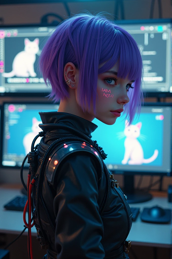 photorealistic Beautiful girl 18 years old with very short purple hair in a cyberpunk outfit in the form of a plexus of wires and with an inscription on her face "I am not AI", focus on her face, She is standing in a room with a bunch of monitors and computers showing cats.