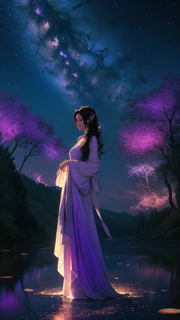 最high quality, masterpiece, High resolution, One girl,Light Powder Gauze Dress, Beautiful Face, Caramel blonde hair、Purple eyes、physically, Tyndall effect, Realistic, Shadow Studio, Edge lighting, 2-color illumination, (Skin with attention to detail: 1.2), 8k ウルトラHD, Digital SLR, Soft Light, high quality, Volumetric Light, I Go Shot, photograph, High resolution, 4K, 8k, The background is a starry night sky