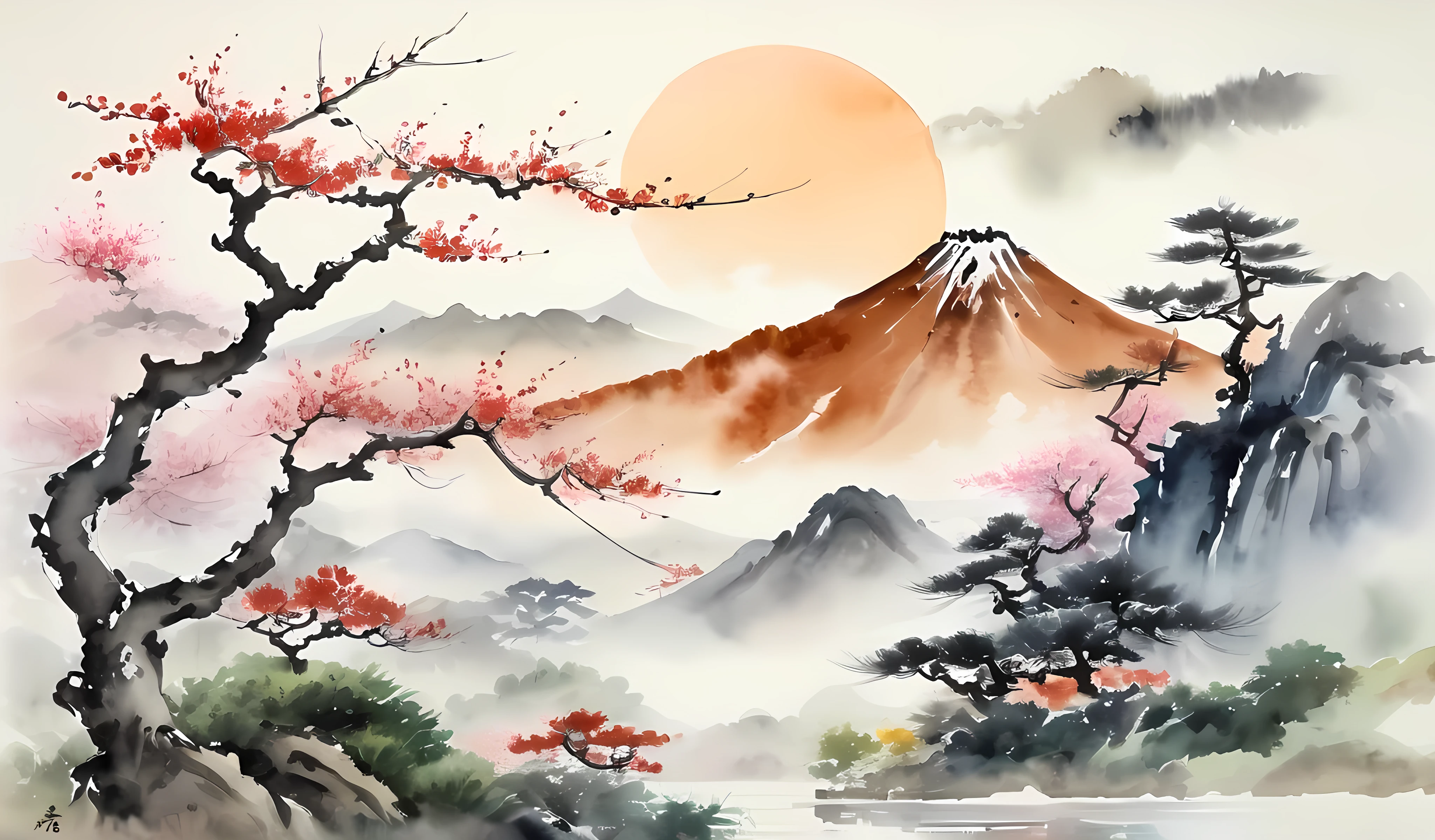 painting of a landscape with a tree and a mountain in the background, japanese watercolor, japanese style painting, traditional chinese watercolor, chinese watercolor style,