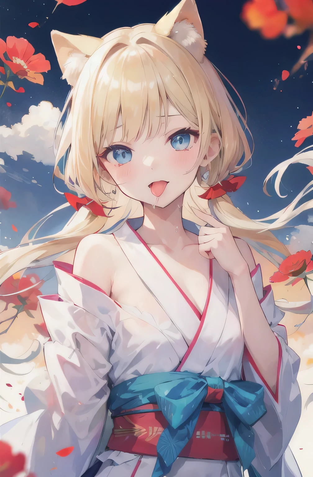One Girl, alone, elegant hair (whole body: 1.1), (Looking at the audience: 1.1), Young African Girl, Yukata Wild poppies swaying in the wind, movie , sweet_ta, Highest quality, masterpiece, blonde, blue eyes. Open your mouth,,Exquisite mouth,((Ejaculation in the mouth)),delicate,mouth,Highly detailed face,blush,Shiny wet skin,Normal tongue,Don'Don't stick out your tongue,Pink Lips,delicate lips, ((All over the face, mouth and cheeks))