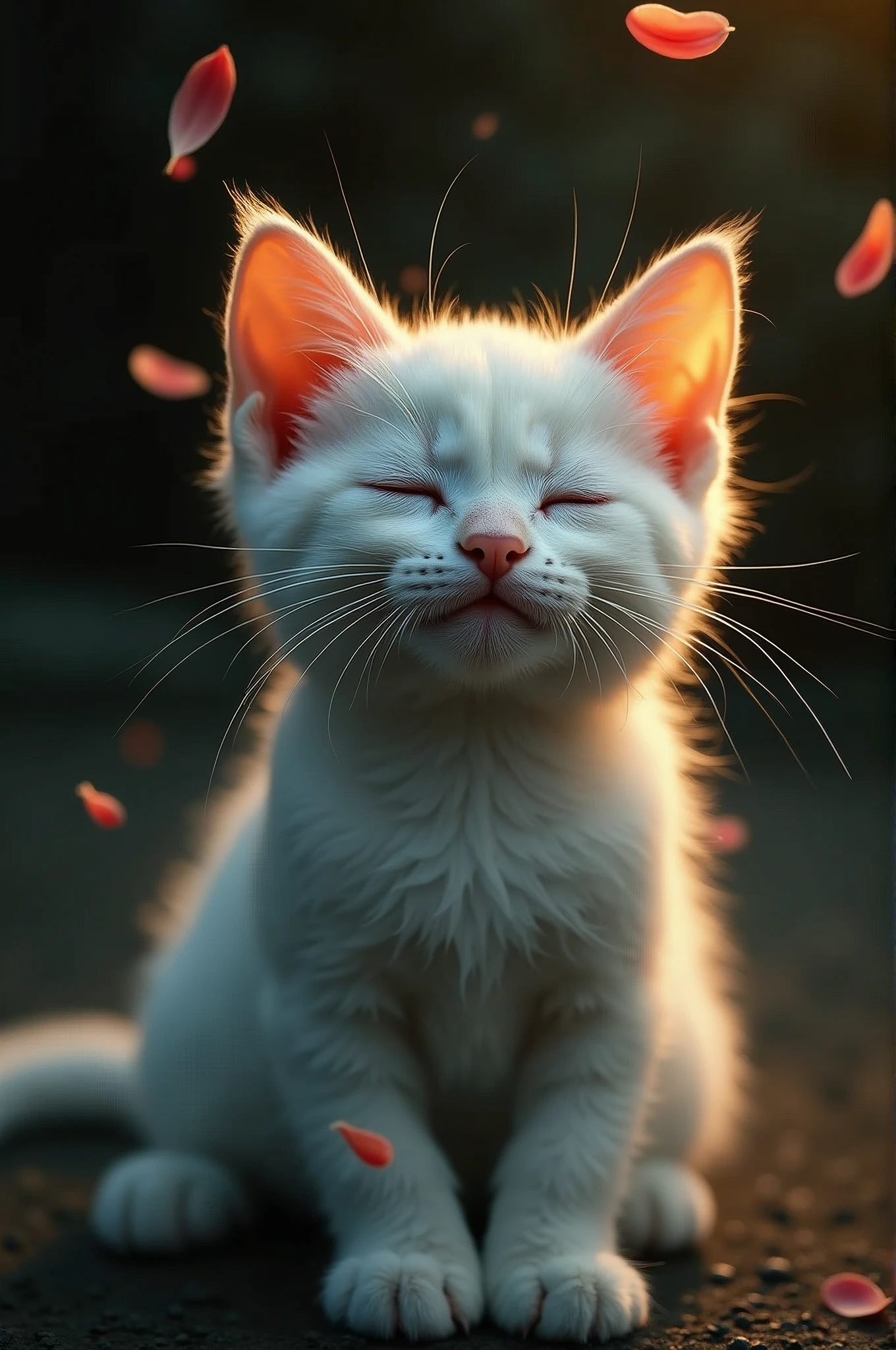 best quality, masterpiece, Ultra-high resolution, RAW photos, beautiful and aesthetic,Deep Shadows, Dark theme,(Reality:1.4), 
White Kitten, Hanfu, Smiley Face, Open moth, Close your eyes, ((Chiaroscuro, Backlight, Sunset, The petals float)), 
Elegant posture, Evocative atmosphere, magnetic presence, captivating mystique,
Complex Zentangle patterns, Stunning level of detail, generously endowed, Striking perspective, a chaotic masterpiece, Balanced with grace, vibrant hues, ((outdoor)), Inspired by futuristic architecture