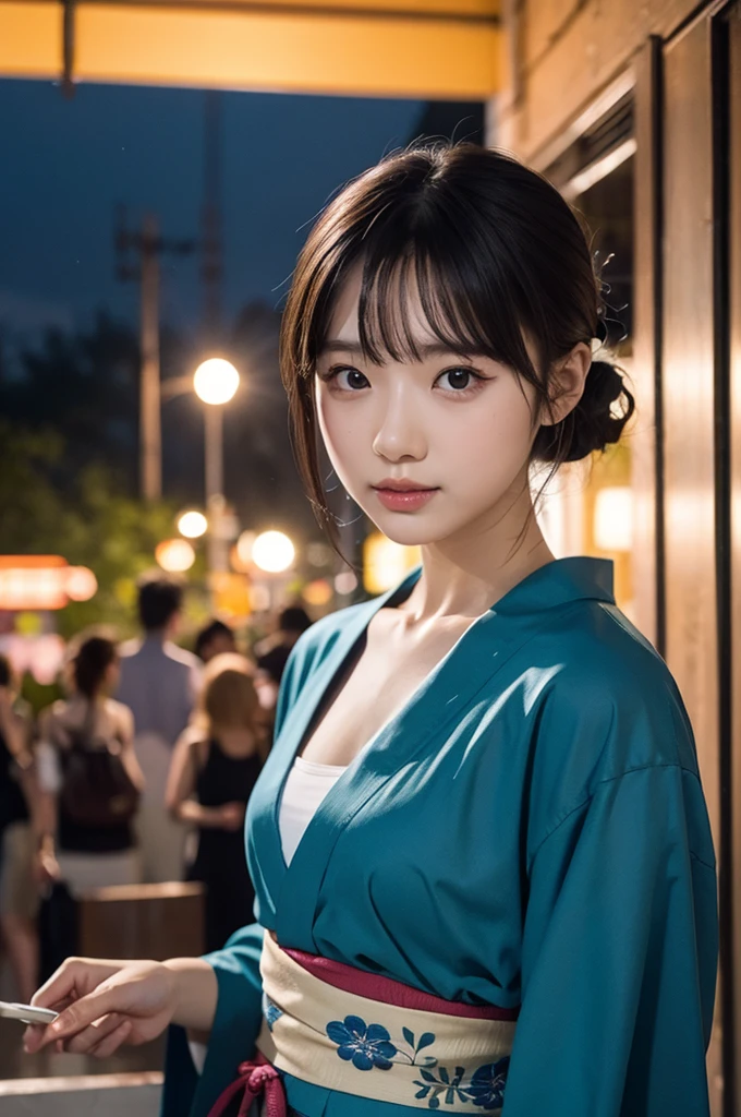 (firework), (upper body:1.5), Girl Standing In Schoolyard, Cumulonimbus clouds floating in the night sky, (Summer Yukata:1.1), (18 years old:1.2), (make up:1.3), (Very slim:1.4), Brown eyes
