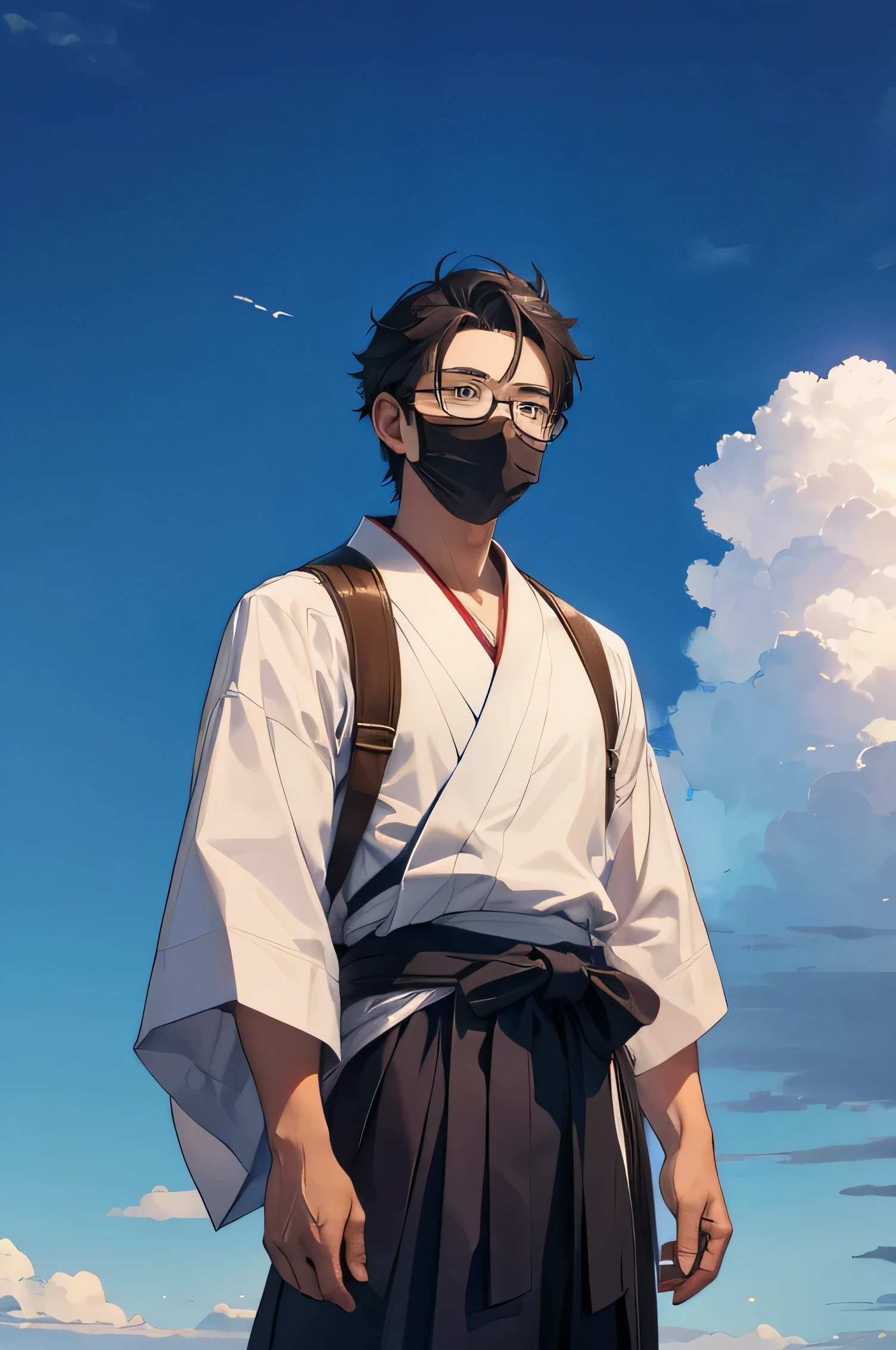 Hakama、Glasses、male、adult、mask、A young man stands alone、Looking up at the sky、male