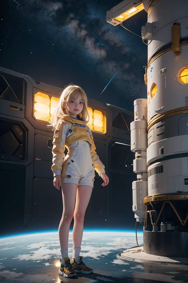 (young girl, 12 years old, blond hair, photorealistic, pale skin), (yellow (eyes:1.2)), (slim build:1.3), (fantasy space suit), beautiful face, symmetrical face, Greg Rutkowski, wlop and Sam Kuvshinov, (long hair), blond eyelashes, large iris, large pupil, full body, standing on the background of the cosmodrome, artstation, 8k, science fiction, pastel colors, props, panel, concept, futuristic, gribble, simon stalenhag, space, in outer space, a spaceship in the sky, technological blocks