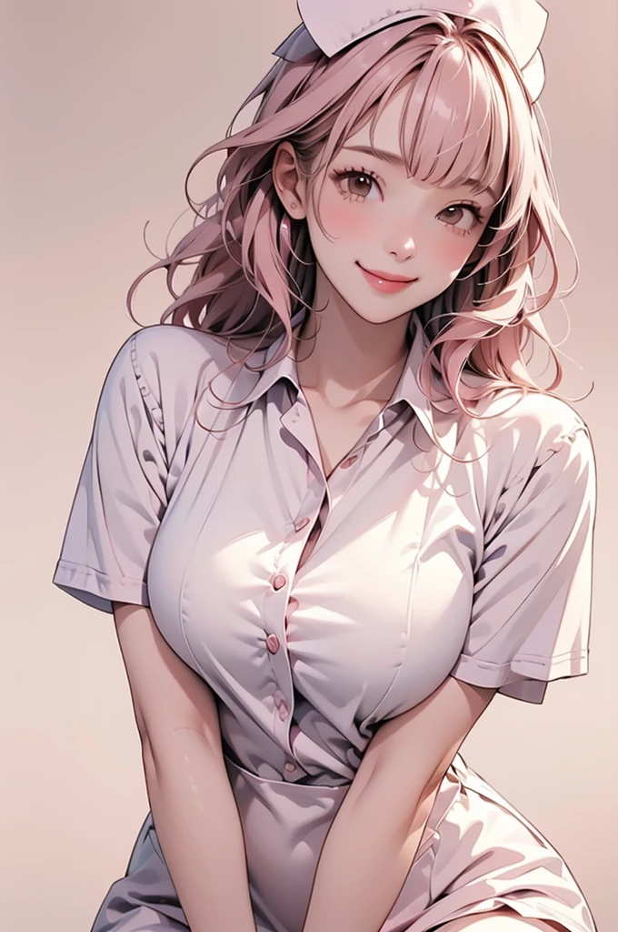high resolution,smile,happy,light smile,woman,woman1人,adult,Clear,cute, blunt bangs,Pink Hair,BREAK, Brown eyes,BREAK,wavy hair,long hair,BREAK, ((looking at viewer)), Nurse uniform,Nurse cap,BREAK,Facing forward,BREAK,Pink background, BREAK,