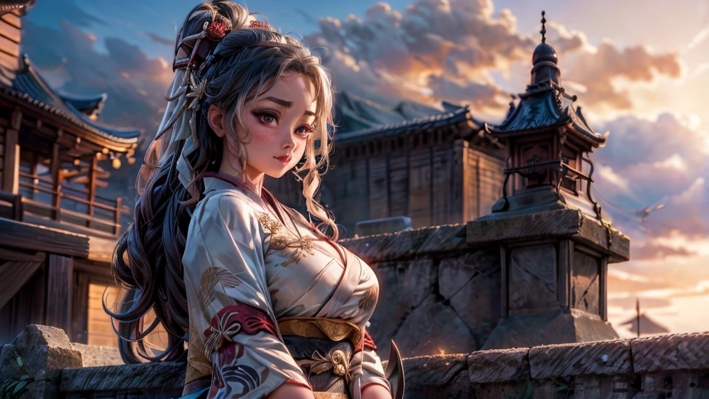 GEISHA- SEXY- LIFTED KIMONO- UPPER BODY- THICK THIGHS- TEMPLE- MEDIEVAL- SWORDS- WARRIOR- SEXY FACE- DETAILED HD- LOW FRAME - BEAUTIFUL- garter belt- DETAILED CORCELET- REAR- LOW ANGLE- SUNSET IN BACKGROUND