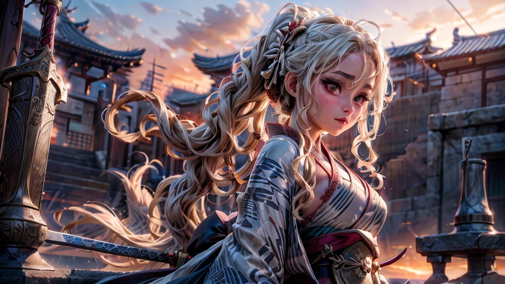 GEISHA- SEXY- LIFTED KIMONO- UPPER BODY- THICK THIGHS- TEMPLE- MEDIEVAL- SWORDS- WARRIOR- SEXY FACE- DETAILED HD- LOW FRAME - BEAUTIFUL- garter belt- DETAILED CORCELET- REAR- LOW ANGLE- SUNSET IN BACKGROUND
