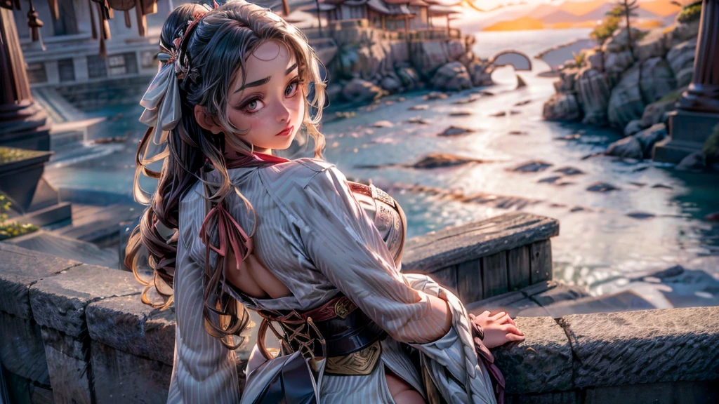 GEISHA- SEXY- LIFTED KIMONO- UPPER BODY- THICK THIGHS- TEMPLE- MEDIEVAL- SWORDS- WARRIOR- SEXY FACE- DETAILED HD- LOW FRAME - BEAUTIFUL- garter belt- DETAILED CORCELET- REAR- LOW ANGLE- SUNSET IN BACKGROUND
