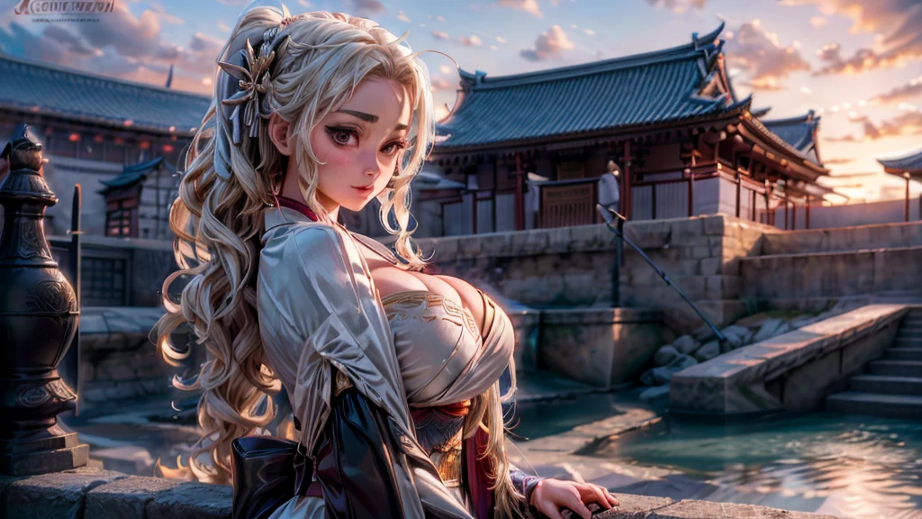 GEISHA- SEXY- LIFTED KIMONO- UPPER BODY- THICK THIGHS- TEMPLE- MEDIEVAL- SWORDS- WARRIOR- SEXY FACE- DETAILED HD- LOW FRAME - BEAUTIFUL- garter belt- DETAILED CORCELET- REAR- LOW ANGLE- SUNSET IN BACKGROUND
