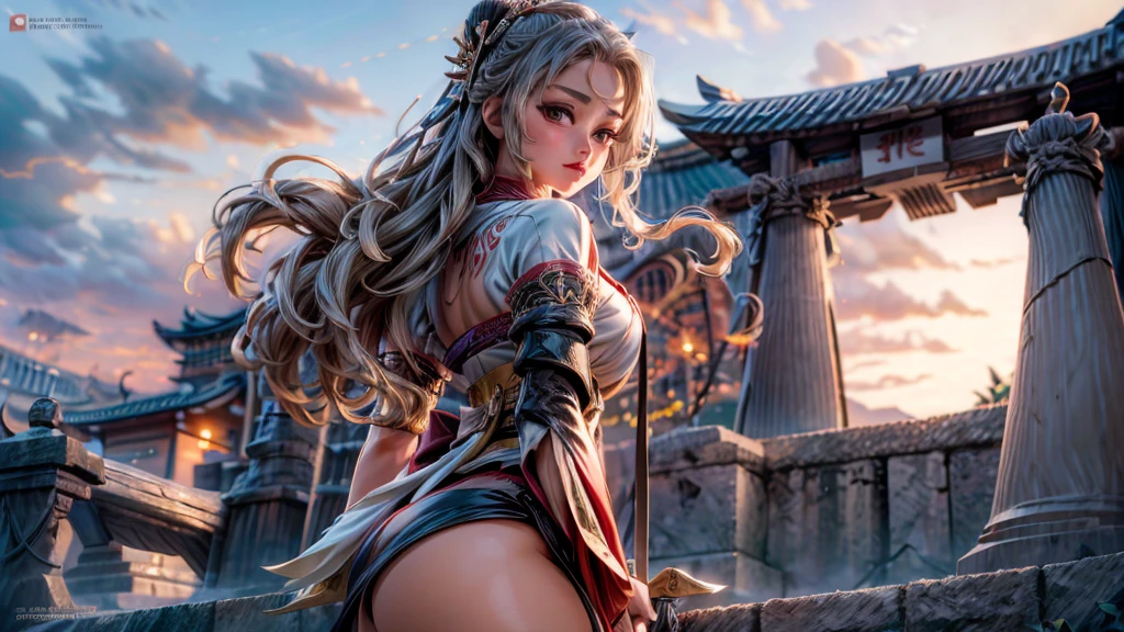 GEISHA- SEXY- LIFTED KIMONO- UPPER BODY- THICK THIGHS- TEMPLE- MEDIEVAL- SWORDS- WARRIOR- SEXY FACE- DETAILED HD- LOW FRAME - BEAUTIFUL- garter belt- DETAILED CORCELET- REAR- LOW ANGLE- SUNSET IN BACKGROUND
