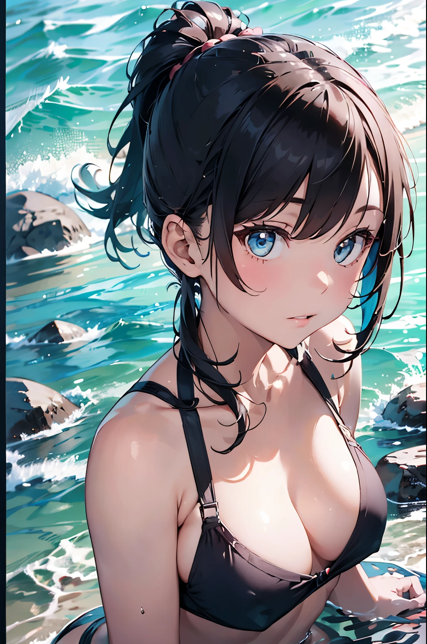 High resolution,topless、
One beautiful young woman,Light blue hair、ponytail、
(Soft Saturation:1.3), (Fair skin:1.2),
(ultra-Detailed Background, Detailed Background), Bokeh,
break&#39;Portrait of a smiling girl.,
When viewed from the front, The composition is symmetrical,
Looking straight at you with serious eyes,
break Swimwear, White Bikini, Center of chest, 
Outdoor, Sea surface, null, sunlight,Summer beach, Sandy Beach,
Strong light, Front lighting, 
(Teen:1.3), (Cowboy Shot:1.2),
Front brake angle,
View your viewers,
Dynamic pose,
sitting on the beach

Seaweed、Seaweed、Seaweed、Seaweed、Seaweed、Seaweed、Seaweed、