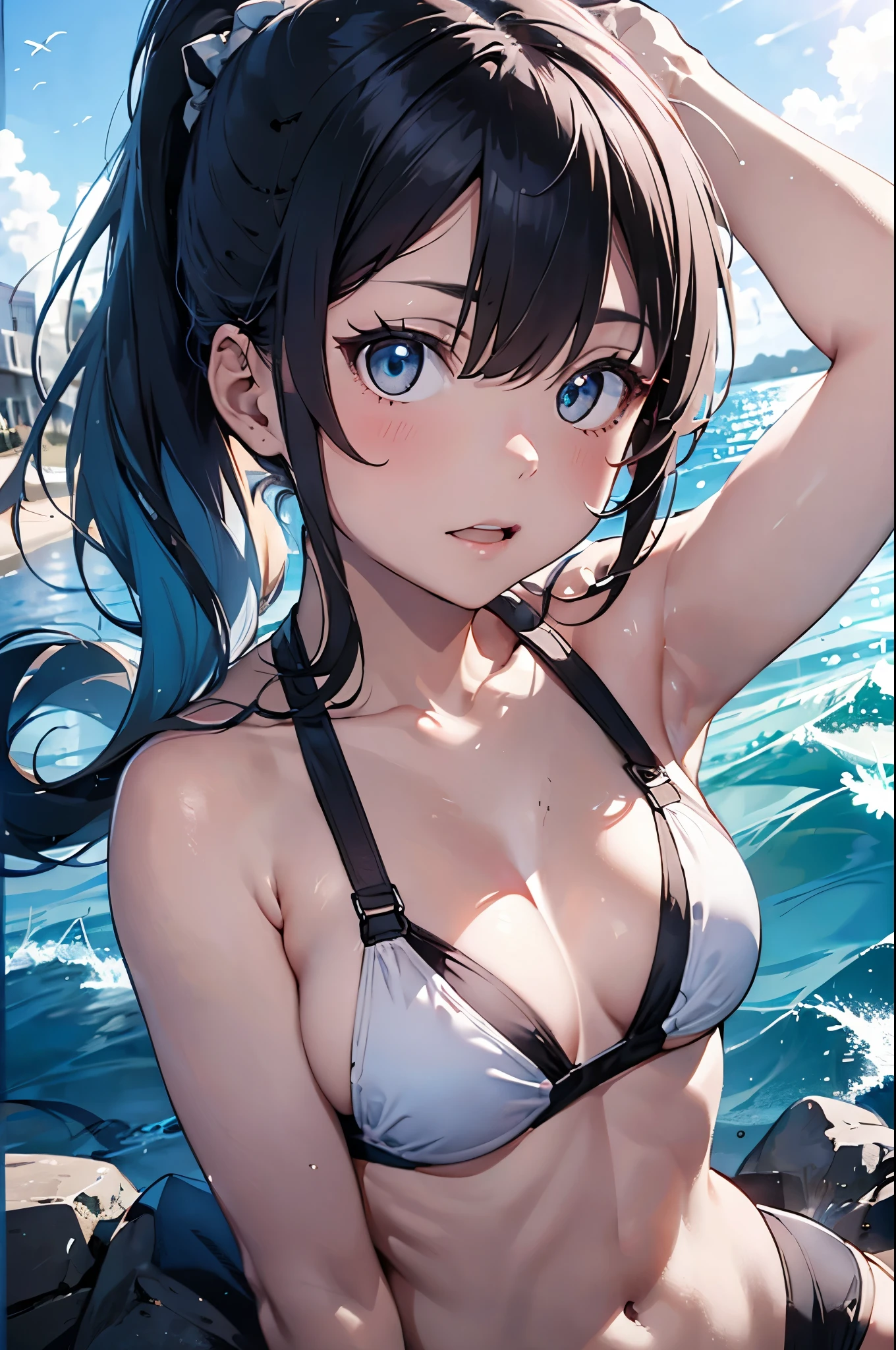 High resolution,topless、
One beautiful young woman,Light blue hair、ponytail、
(Soft Saturation:1.3), (Fair skin:1.2),
(ultra-Detailed Background, Detailed Background), Bokeh,
break&#39;Portrait of a smiling girl.,
When viewed from the front, The composition is symmetrical,
Looking straight at you with serious eyes,
break Swimwear, White Bikini, Center of chest, 
Outdoor, Sea surface, null, sunlight,Summer beach, Sandy Beach,
Strong light, Front lighting, 
(Teen:1.3), (Cowboy Shot:1.2),
Front brake angle,
View your viewers,
Dynamic pose,
sitting on the beach

Seaweed、Seaweed、Seaweed、Seaweed、Seaweed、Seaweed、Seaweed、