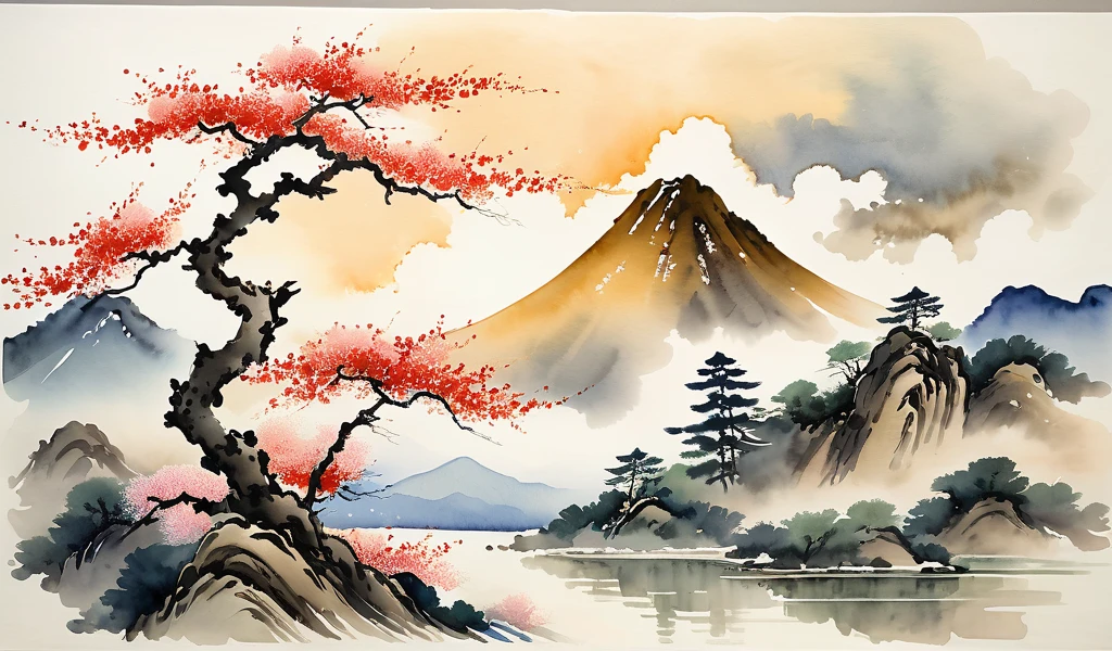 painting of a landscape with a tree and a mountain in the background, japanese watercolor, japanese style painting, traditional chinese watercolor, chinese watercolor style,
