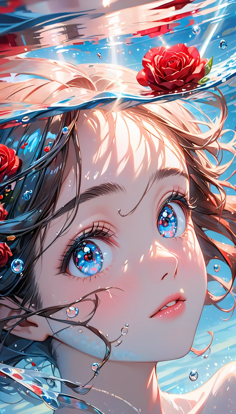 Girl swimming underwater,Ultra-detailed rendering style,shine,Rose red,Light blue,brush,ultrarealism oil painting,Shining eyes,Head close-up,Exaggerated perspective,Tyndall effect,Water Drop,Pearl oyster rainbow color,Holographic white,black background,