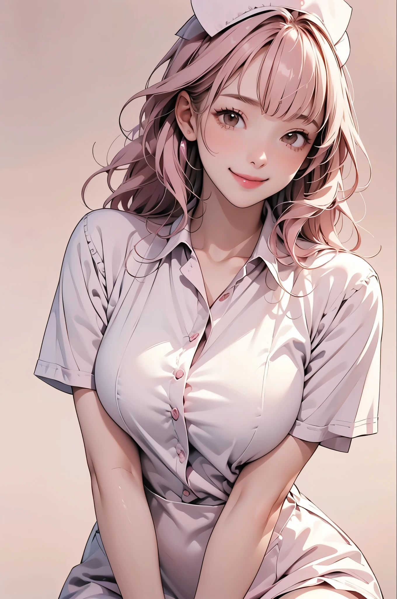 high resolution,smile,happy,light smile,woman,woman1人,adult,Clear,cute, blunt bangs,Pink Hair,BREAK, Brown eyes,BREAK,wavy hair,long hair,BREAK, ((looking at viewer)), Nurse uniform,Nurse cap,BREAK,Facing forward,BREAK,Pink background, BREAK,