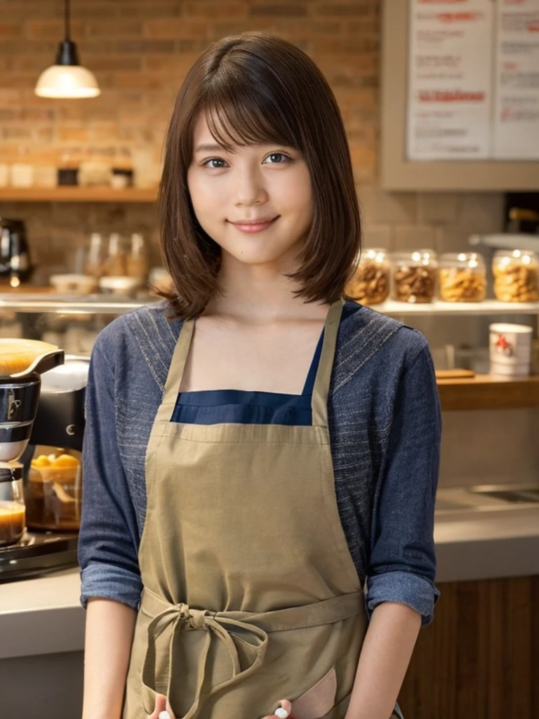 One Girl, (beautiful girl, Delicate girl:1.3), (:1.3),
break, (Apron Costume:1.3),
break, (Standing in a coffee shop:1.2),
break, Very beautiful eyes, (Symmetrical eyes:1.3),
break, Small breasts, Brown eyes, Parted bangs, Brown Hair, (Upper teeth, The best smile:0.2),
break, (Eye and facial details:1.0),
break, (masterpiece, Highest quality, Very detailed, Detailed face, 8k)