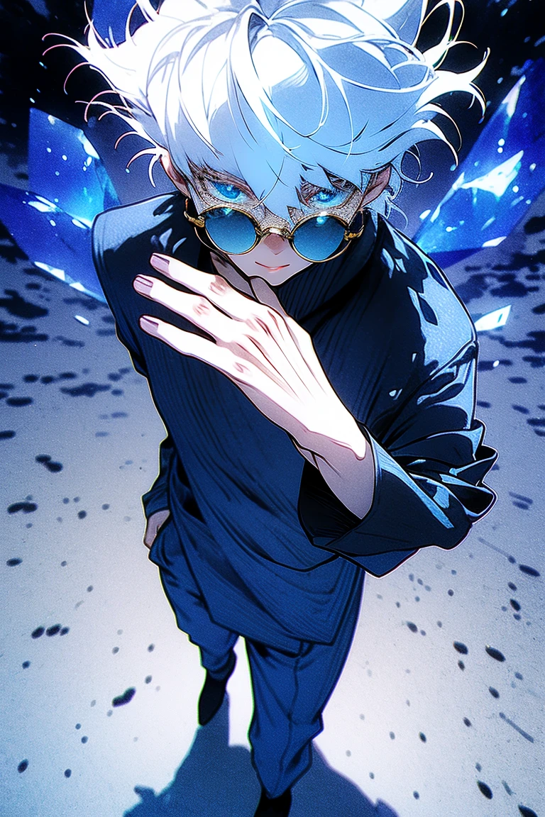 male , black jacket, sunglasses , satoru gojo, white hair, blue crystal, standing at shibuya japan night, eyes,bodyshoot photography Model: Richyrich Mix richyrichMix-v2.fp16