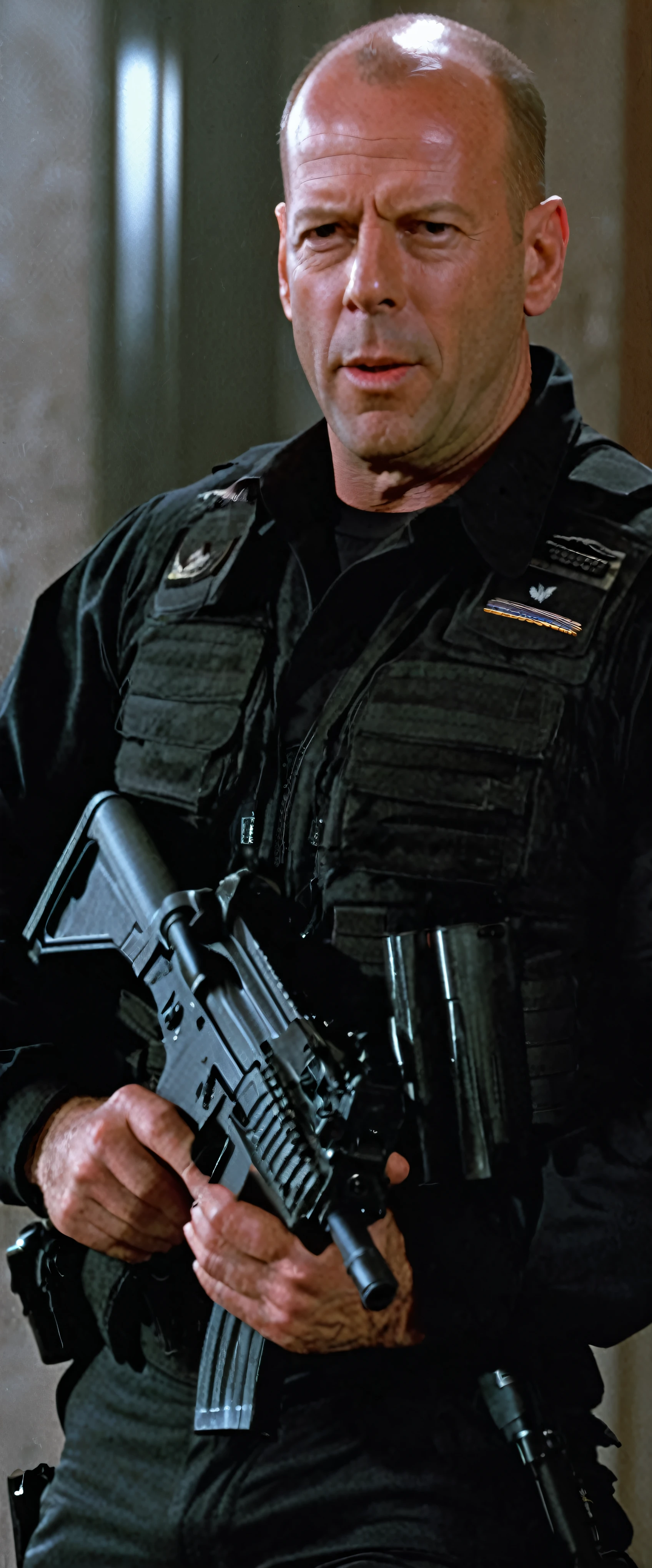 with high definition images，A scene from a movie，Image of Bruce Willis in Die Hard、Black combat uniform，Shootout in a building，M－17カービン銃を構えてwith high definition images，Facial details，