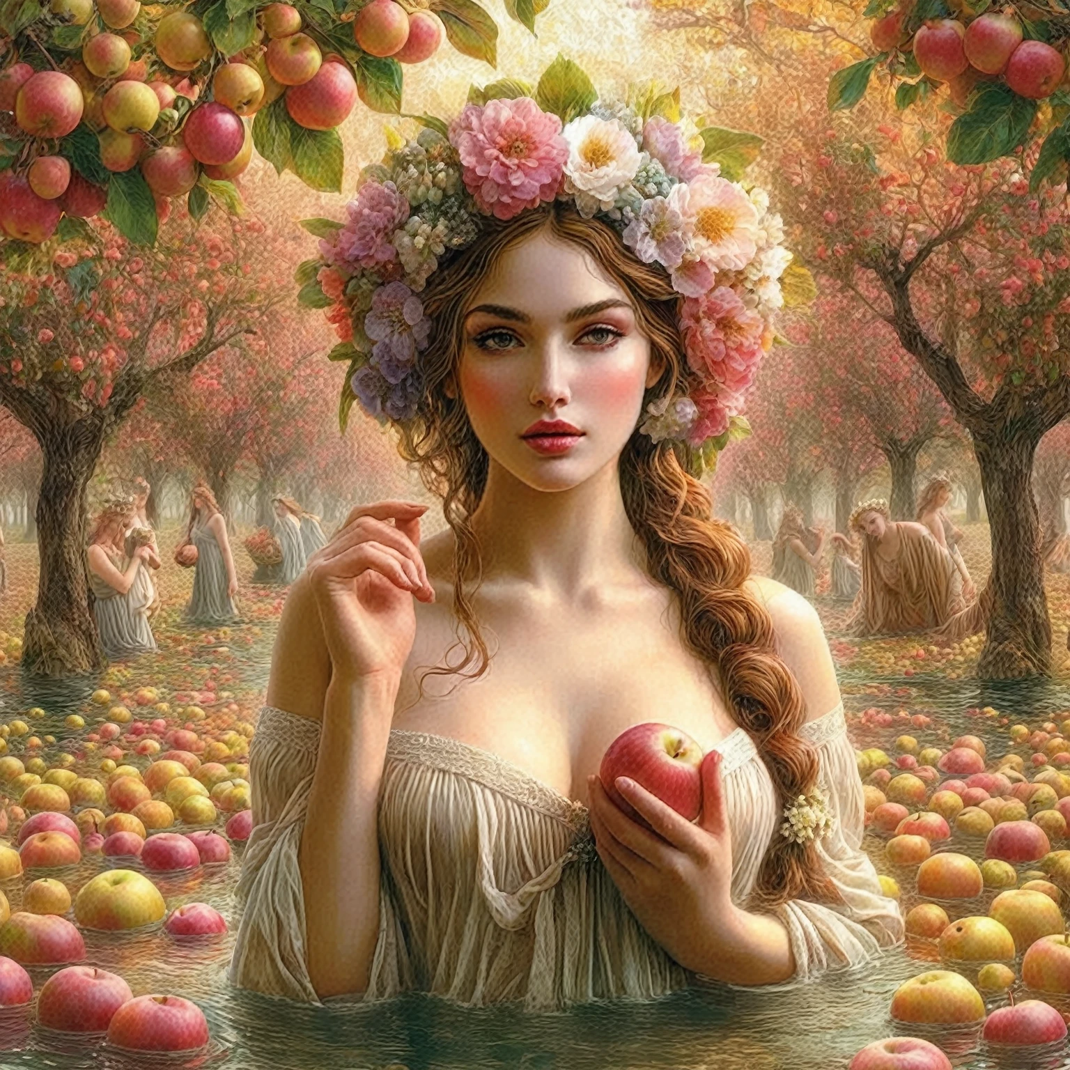 painting of a biblical story of Eve with an apple in her hand in the Garden of Eden under a spreading apple tree, dark atmosphere, cinematic scene, volumetric lights, in the style of nicola samori