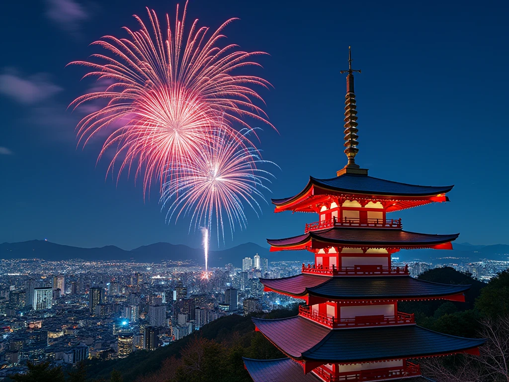 firework in the sky above a pagoda and a building, Happy!!!, Japan at Night, [ firework in the sky ]!!, Vivid!!, Written by Kano Tan&#39;yū, Japanese cities at night, Traditional Japanese colors, firework, The aesthetics of travel in Japan, Colorful Fox City, Japanese cities, Summer Festival Night, by Torii Kiyomasu II