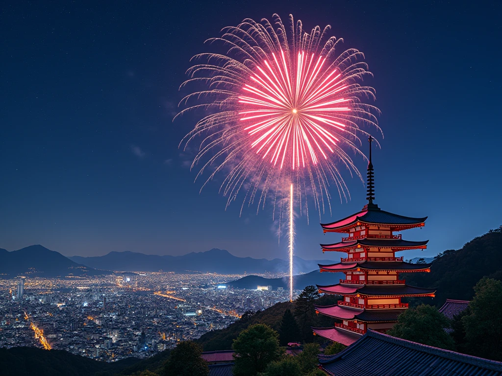 firework in the sky above a pagoda and a building, Happy!!!, Japan at Night, [ firework in the sky ]!!, Vivid!!, Written by Kano Tan&#39;yū, Japanese cities at night, Traditional Japanese colors, firework, The aesthetics of travel in Japan, Colorful Fox City, Japanese cities, Summer Festival Night, by Torii Kiyomasu II