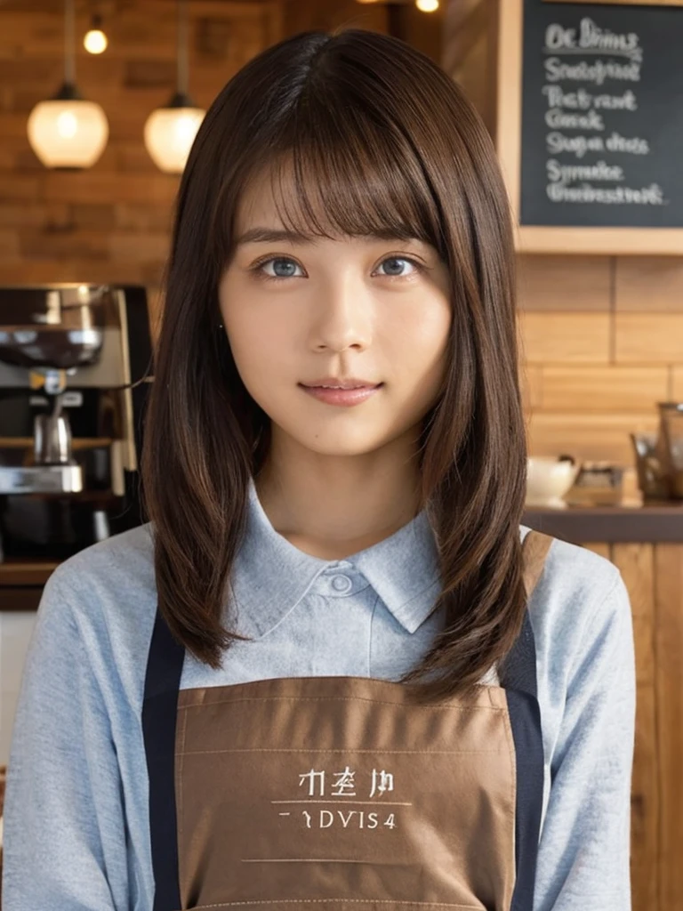 One Girl, (beautiful girl, Delicate girl:1.3), (:1.3),
break, (Apron Costume:1.3),
break, (Standing in a coffee shop:1.2),
break, Very beautiful eyes, (Symmetrical eyes:1.3),
break, Small breasts, Brown eyes, Parted bangs, Brown Hair, (Upper teeth, The best smile:0.2),
break, (Eye and facial details:1.0),
break, (masterpiece, Highest quality, Very detailed, Detailed face, 8k)