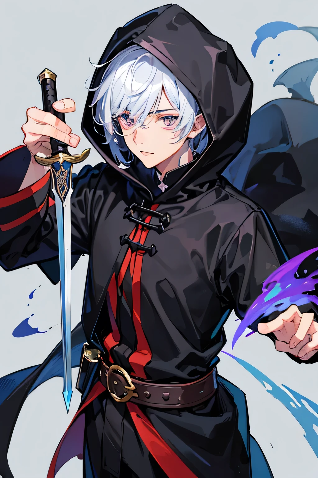 A handsome anime man in a charming black robe costume and wearing a hood, surrounded by a black aura. Content: black fire. Style: holding a sword and a magic wand