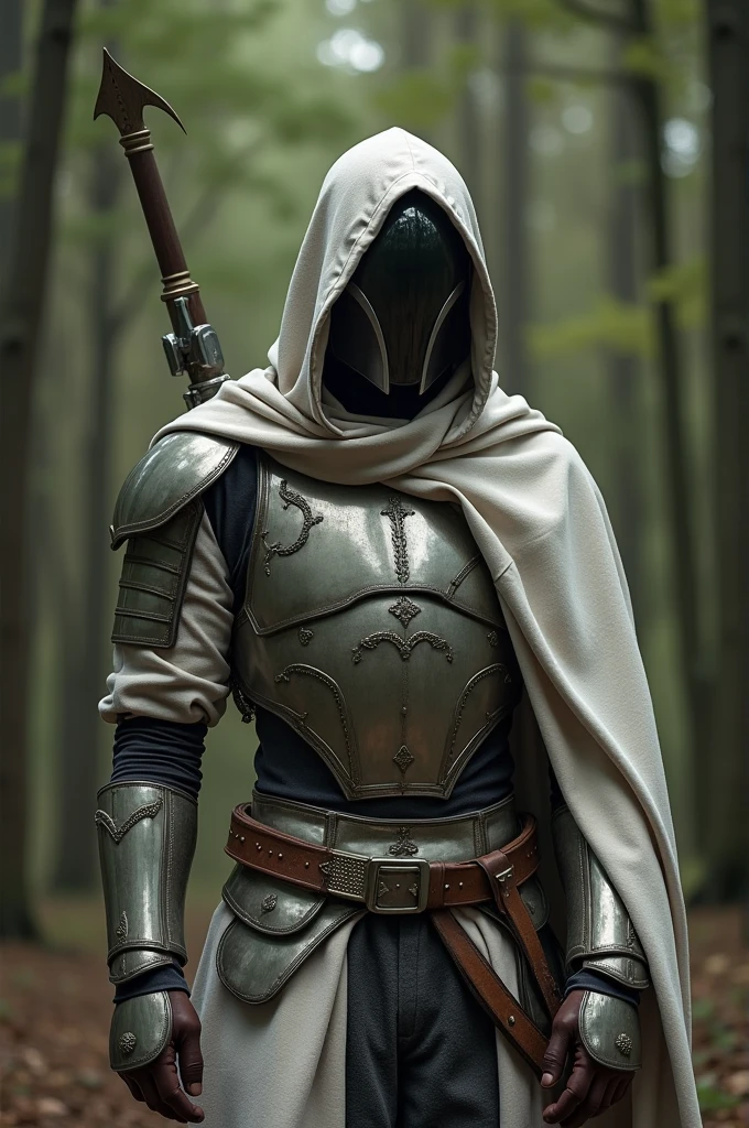 armored suit, White shirt, forest