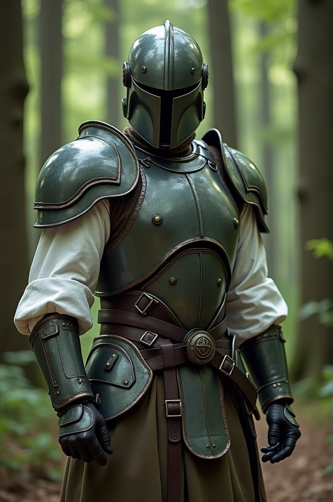 armored suit, White shirt, forest