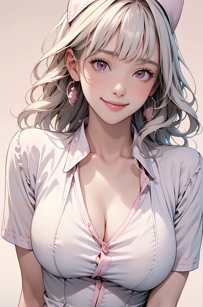 high resolution,smile,happy,light smile,woman,woman1人,adult,Clear,cute, blunt bangs,White Hair,BREAK, Pink eyes,BREAK,wavy hair,long hair,BREAK, ((looking at viewer)), Nurse uniform,Nurse cap,BREAK,Facing forward,BREAK,Pink background, BREAK,