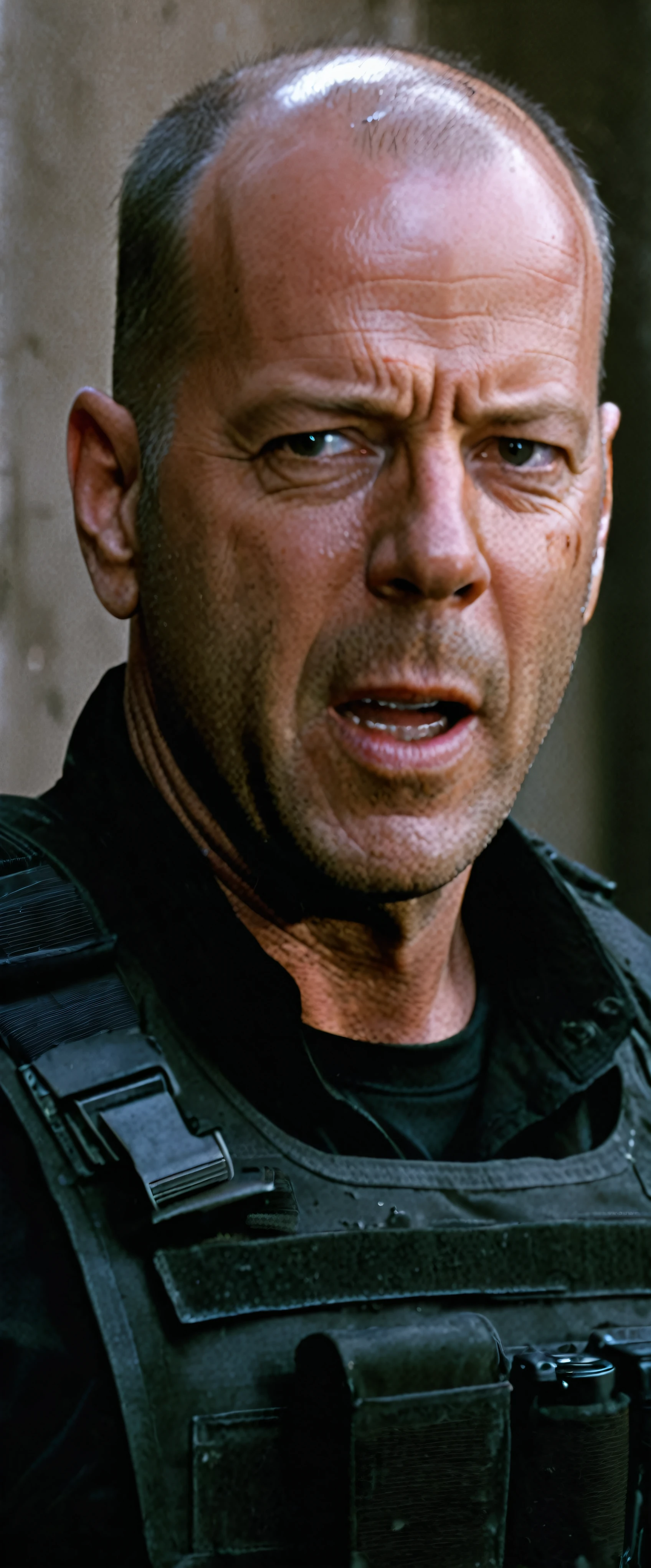 with high definition images，A scene from a movie，Image of Bruce Willis in Die Hard、Black combat uniform，an extremely angry、Shootout in a building，M－17カービン銃を構えてwith high definition images，Facial details，In the background, wallpaper is burning and broken objects are scattered everywhere.