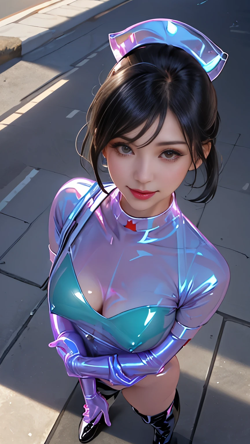 (masutepiece:1.0), (Best Quality:1.4), (A high resolution:1.2), (Photorealistic:1.4),(from above:1.5), (8K, Raw photo:1.2), (Soft Focus:1.4),BREAK,There is 2 girls wearing latex nurse who is hugging each other and smiling and taking pictures.............................................................,full body lesbian,( her whole body covered with black latex:1.3),BREAK ,(one girl is wearing a translucent latex clear nurse:1.4),BREAK,(another girl is wearing a translucent latex clear nurse:1.4),BREAK,Slime skin,smooth tight nurse, translucent skin,Latex, Translucent body,latex shiny,detailed hand fingers,(glossy latex gloves:1.2), The perfect costume for your skin,BREAK,bob hair,(mint hair:1.3),glossy shiny reflective,natural make up,goddess of Japan, Glossy skin,gorgeous  japanese model,Tecateca,shiny,Slimy,(Glossy black thigh-high boots:1.2),BREAK,detailed background,in the middle of a city, (pureerosface_v1:0.3)