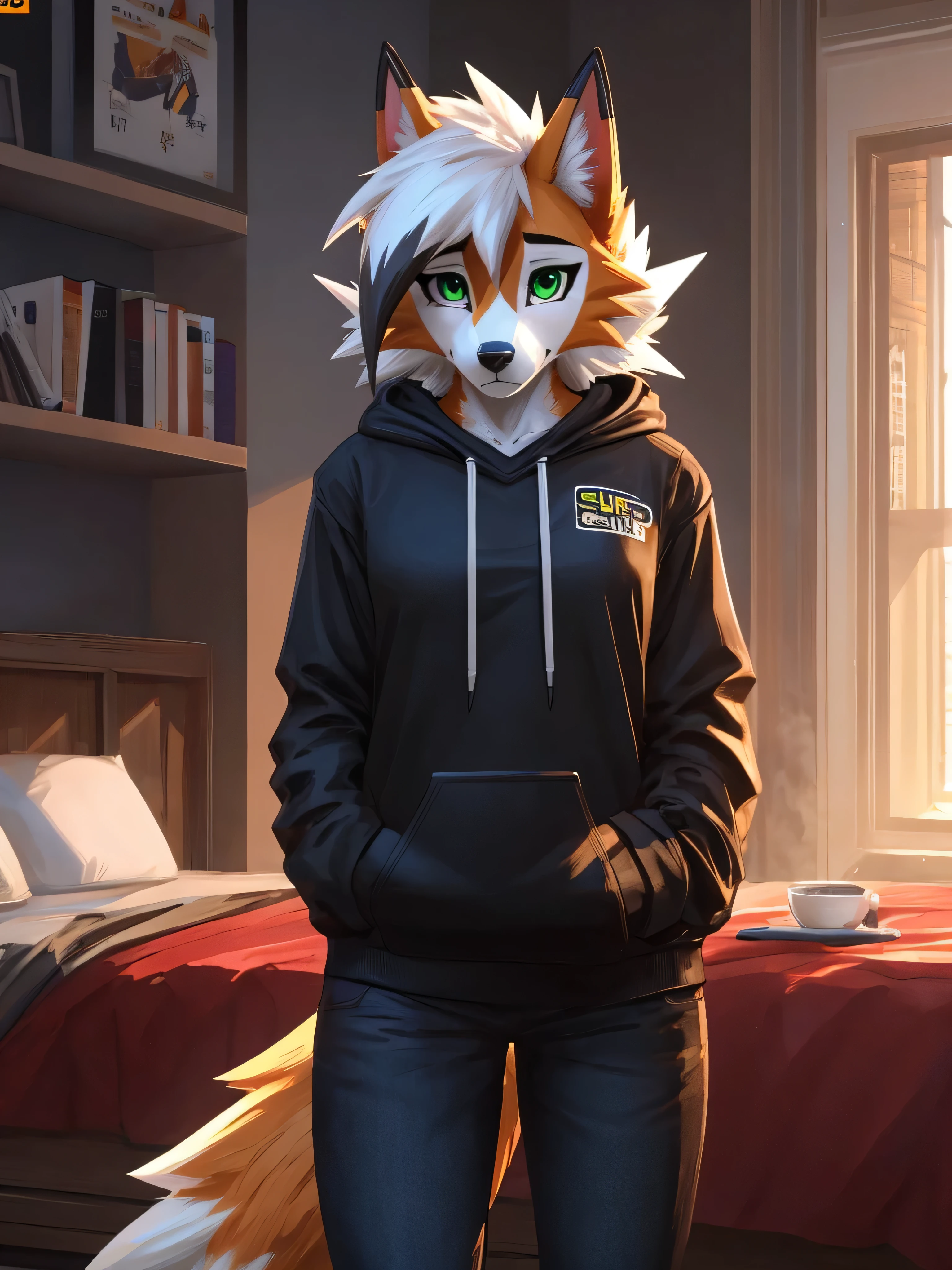 Solo, score_9,score_8_up,score_7_up, source_furry, an Anthro furry Dusk Lycanroc female, green eyes, wearing a hoodie in white color, black jeans, looking deppresed sad, holding a cup of coffe, standing, looking at you, in bedroom