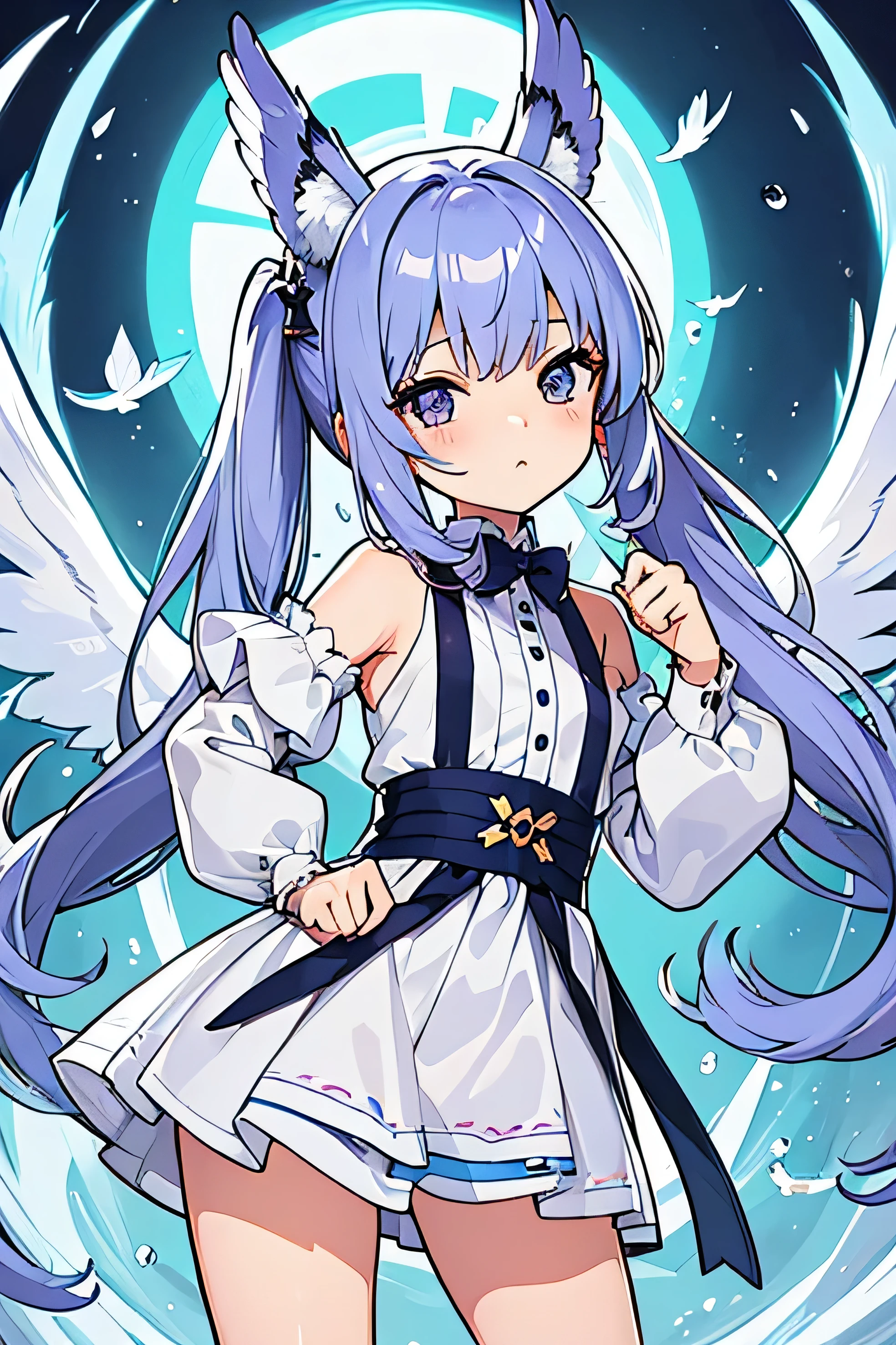 (masterpiece,best quality,ultra-detailed), an anime girl who is 10 years old, cool and calm angel. She has lavender straight bangs long hair with high ponytails, periwinkle water drops eyes, eurasian eagle-owl ears and wings, wearing lolita bodysuit, pose calmly, look at the viewer