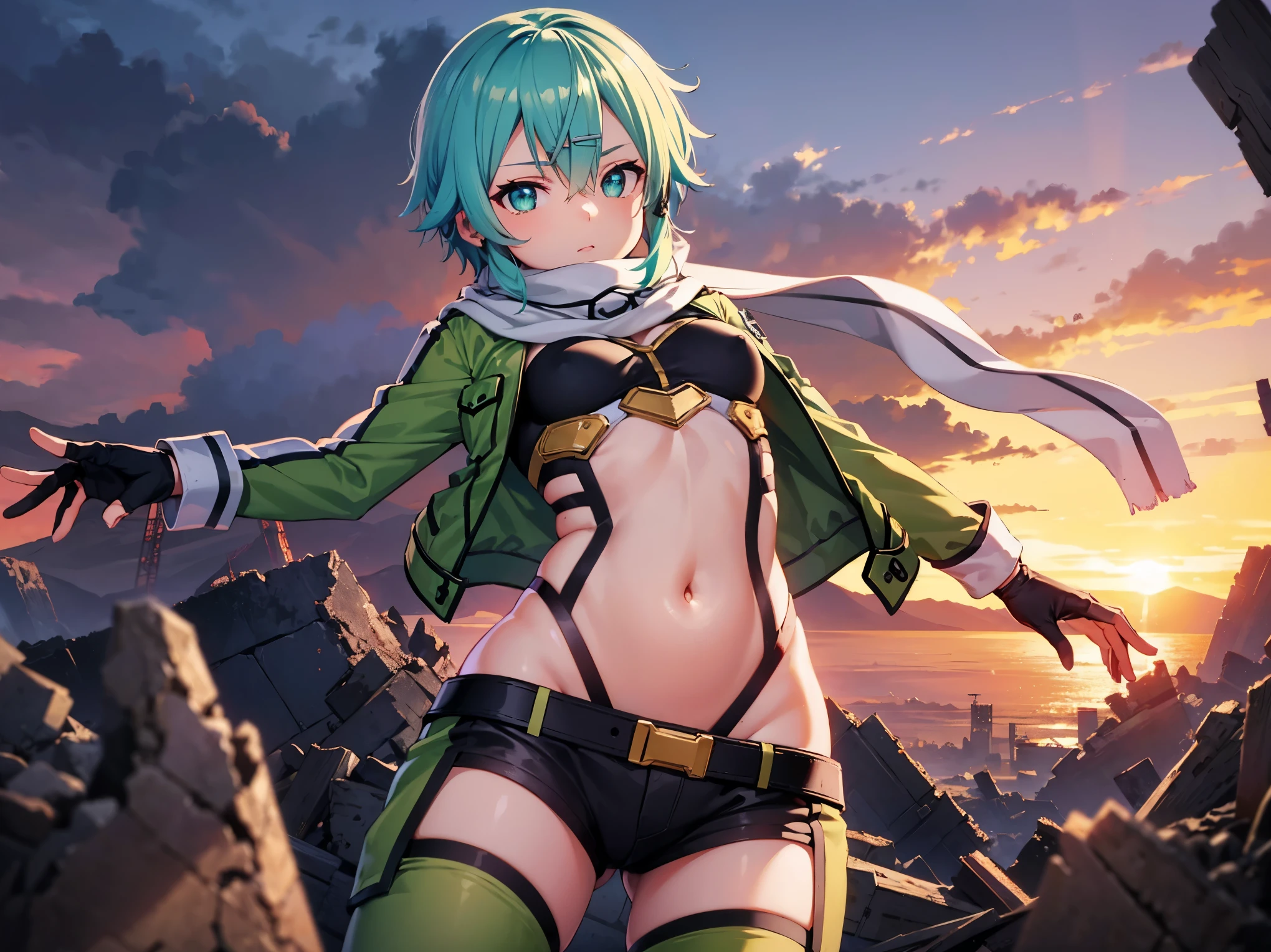 (masterpiece), best quality, expressive eyes, perfect face, highres, sinon1, scarf, fingerless gloves, long sleeves, short shorts,groin, hair ornament, hairclip, green thighhighs, green jacket,covered_nipples, thigh strap, field, sunset_ruins_landscape_background, ruined structures, dynamic_posing, looking at the viewer,,covered_navel,