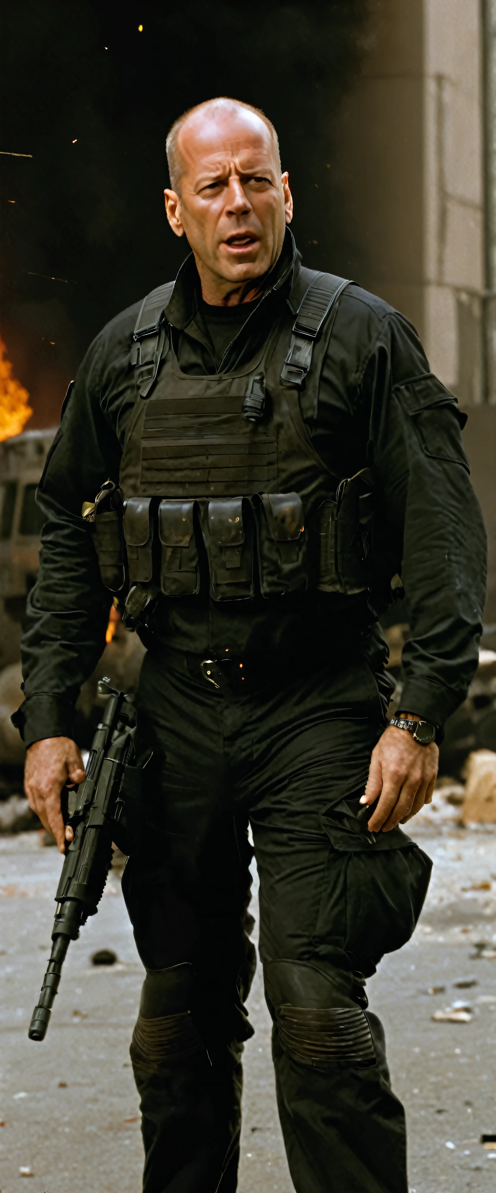with high definition images，A scene from a movie，Image of Bruce Willis in Die Hard、Black combat uniform，an extremely angry、Shootout in a building，M－17カービン銃を構えてwith high definition images，Facial details，In the background, wallpaper is burning and broken objects are scattered everywhere.
