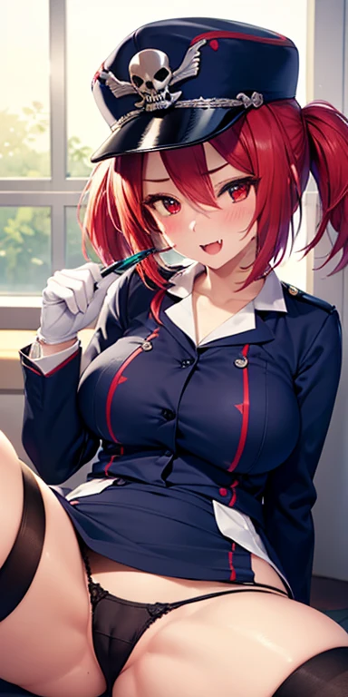 1 Female,High definition,high resolution,Ultra-realistic,8K, 1girl, solo, red hair, red eyes, twintails, employee uniform, pencil skirt, skull print, navy cap, fang, black legwear, white gloves,European,sexy,Upper body close-up,Photographed from the front,Dynamic Angles,blush, big tits , happy, wink the eye,facial, sweat,(wide thighs:1.4),(black panties),(show panties),(spread legs),(cameltoe)