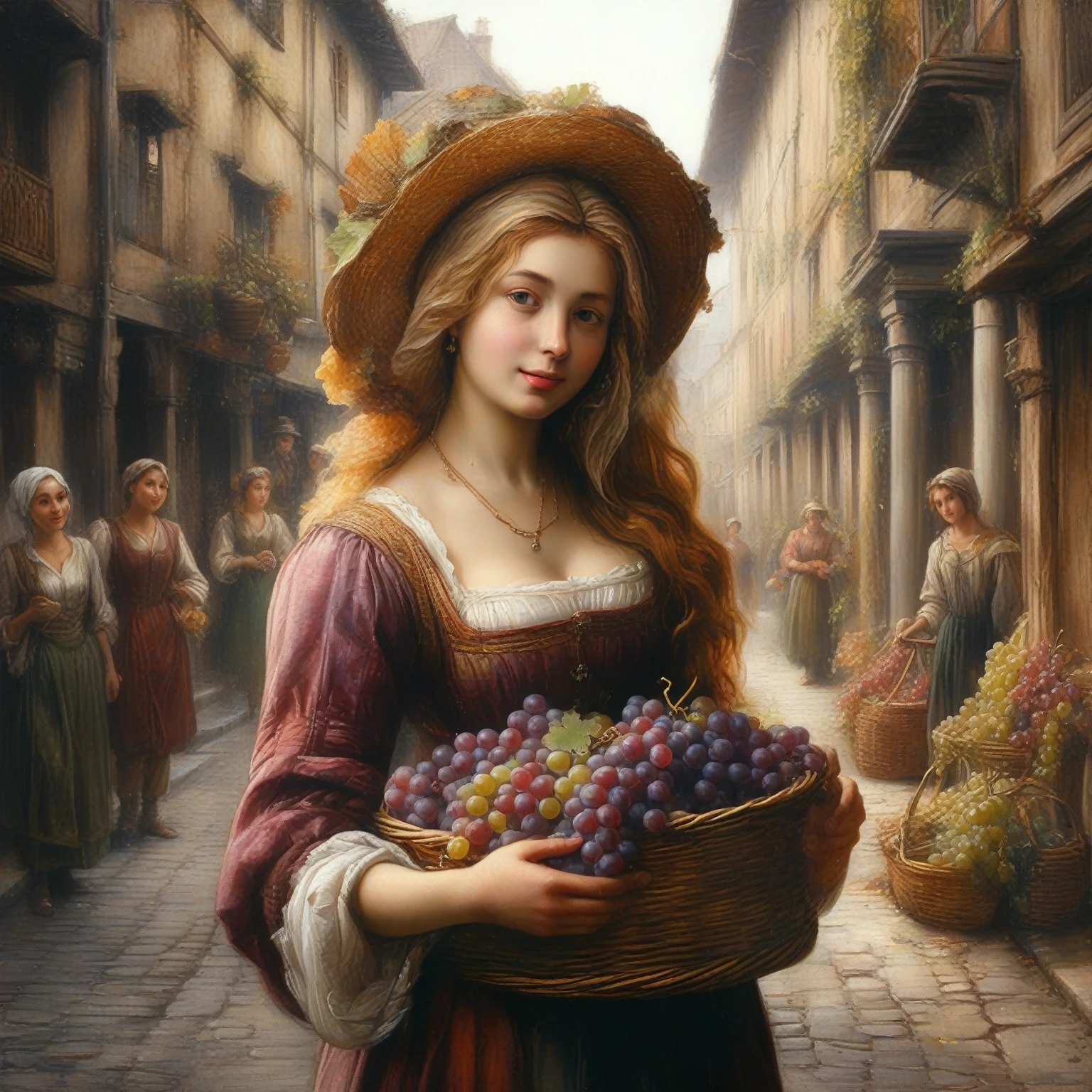 painting of a woman holding a basket of grapes in a street, art of edouard bisson, beautiful digital artwork, renaissance digital painting, cute woman, magali villeneuve', beautiful woman, beautiful character painting, beautiful art uhd 4 k, gorgeous woman, beautiful digital painting, beautiful oil painting, beautiful artwork, girl venizian era, renato muccillo