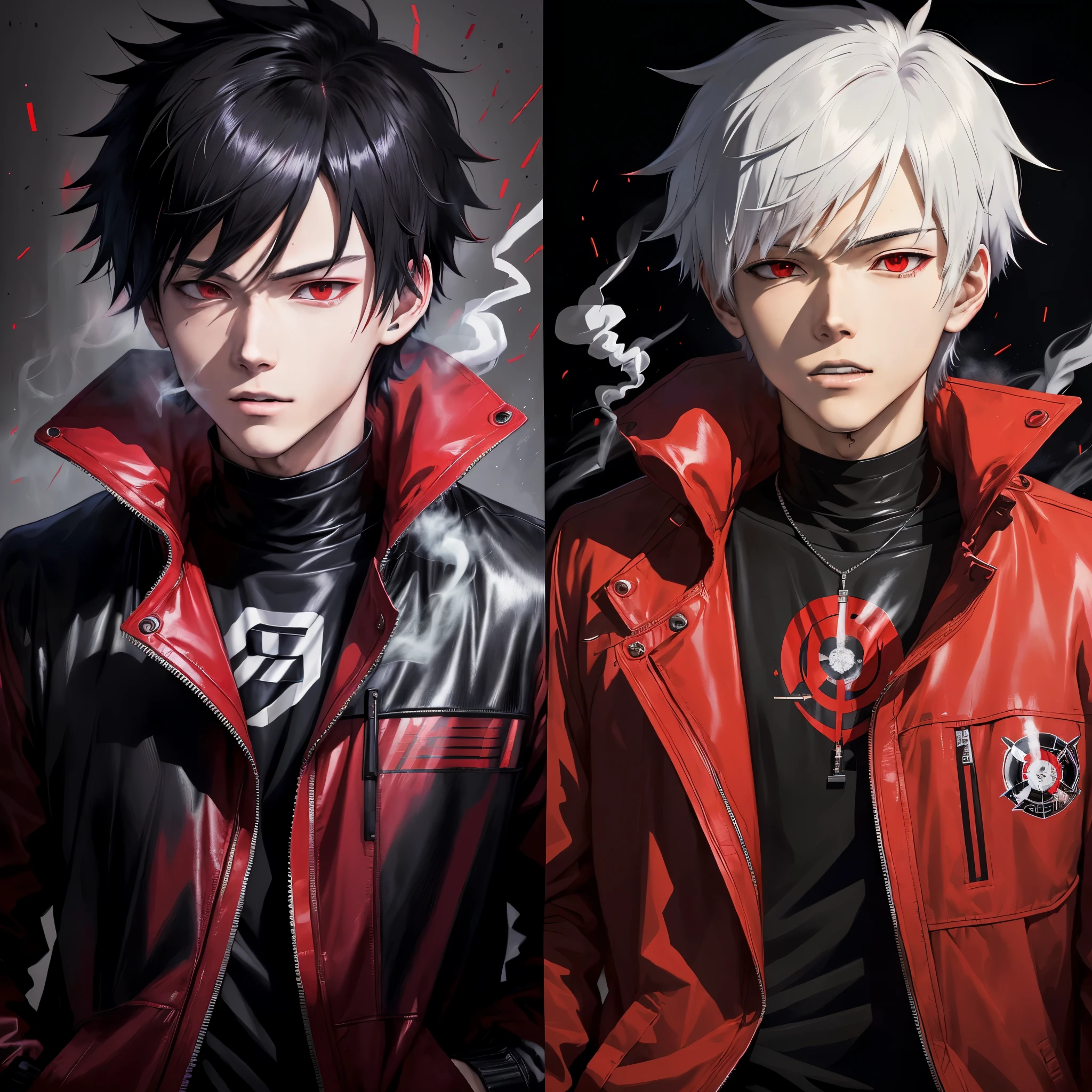 Anime boy wearing a red jacket and black top smoking a cigarette, ken kaneki, kaneki ken, gapmoe yandere grimdark, Man smoking a cigarette, Male Anime Style, background ( dark _ Smoky ), trigger anime art style, inspired by Itō Ogura Yonesuke, inspired by Un'ichi Hiratsuka