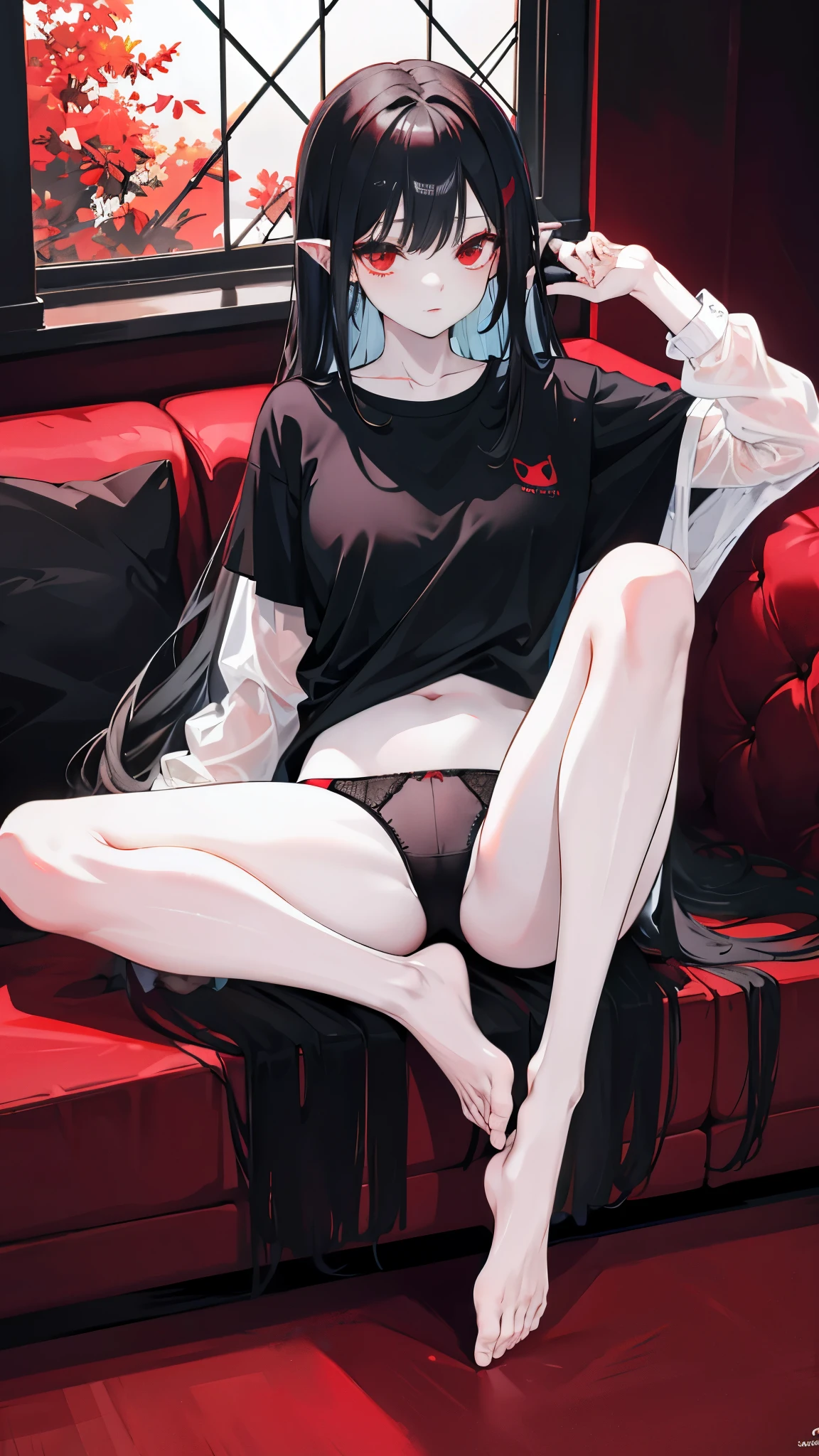 Dark style, black hair, white skin, red eyes, long hair, bangs，underwear，succubus，sitting，Sweat，Soaked，transparent，open legs，sofa，Playful