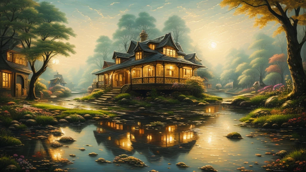 A high-resolution, clear, and detailed image of a person stepping into a world inside an old painting. The scene should vividly capture the surreal transition from reality to artwork. The surroundings should resemble a classic painting with every element appearing as if it is meticulously rendered on canvas. The person, dressed in contemporary clothing, contrasts with the timeless, painterly environment. The painting's colors should be rich and vibrant, with intricate brushstrokes and textures visible on buildings, landscapes, and objects. The lighting should reflect the style of the painting, with a soft, diffused glow mimicking the effect of traditional art. The overall atmosphere should evoke a sense of wonder and immersion in an artist's imaginative world.
